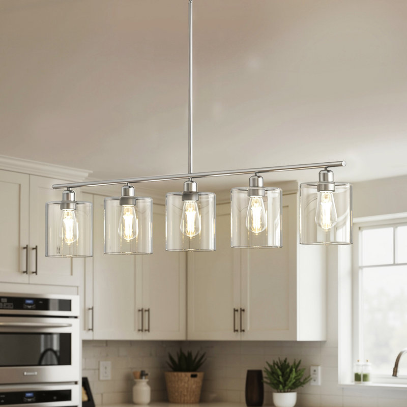Luminaire suspendu linéaire en verre à intensité variable pour îlot de cuisine 5,9 po (l) à 5 lumières réglables, Nickel, 5