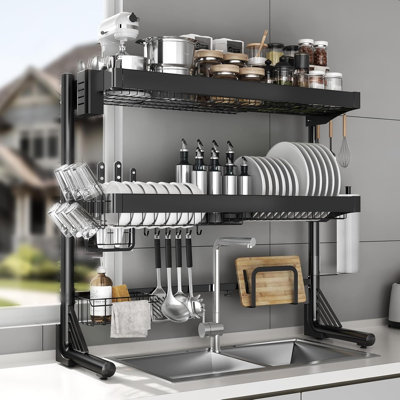 Égouttoir à vaisselle extensible à 3 niveaux pour évier, entièrement en acier inoxydable, réglable de 53 à 95 cm, organisateur de comptoir de cuisine multifonctionnel