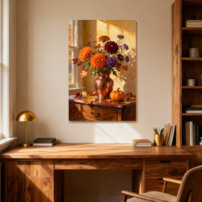Plants &Flowers Autumn Flowers In Copper Vase With Pumpkin