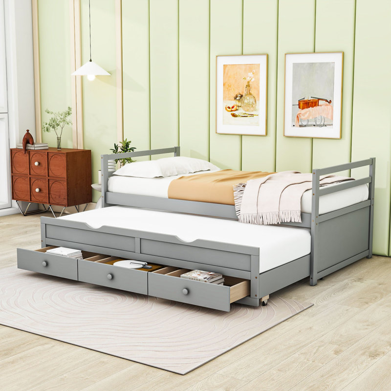 Twin Size Bed with Classic Headboard, Twin Trundle, and Built-In Storage Drawers, Gray