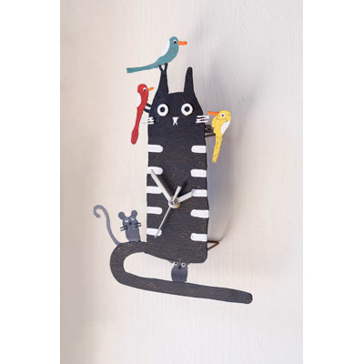  Hand Painted Wall Clock Black Cat with Birds 11"H – Multicolor Metal and Plastic Clock