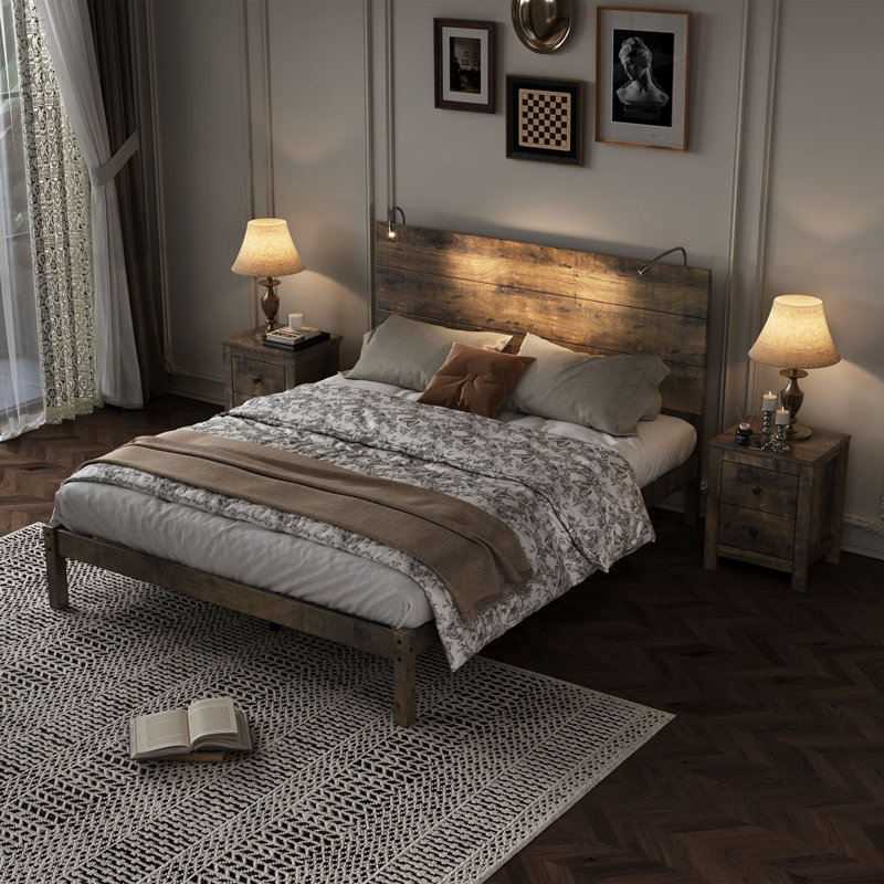 Ensemble de chambre à coucher 3 pièces, Grand lit, Noyer antique