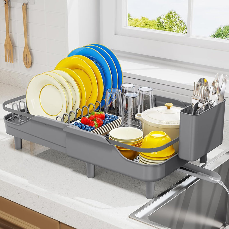 Expandable Dish Drying Rack, Matte Grey Adjustable Capacity, Self-Draining Drainboard, Heavy-Duty Steel Frame, Stable Plate Rack