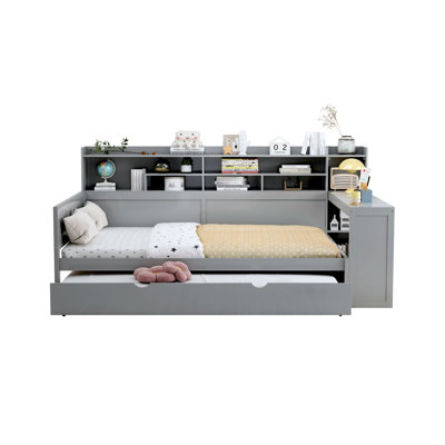 Gray Full Size Daybed With Study Desk, Trundle Bed And Storage Shelves, High - Quality Wood Construction For Bedroom Built Furniture