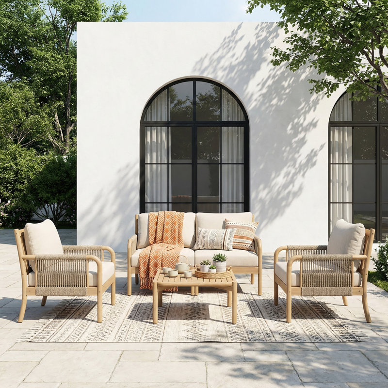 Casper Outdoor Acacia Wood Conversation Set with Coffee Table and Cushions, 4