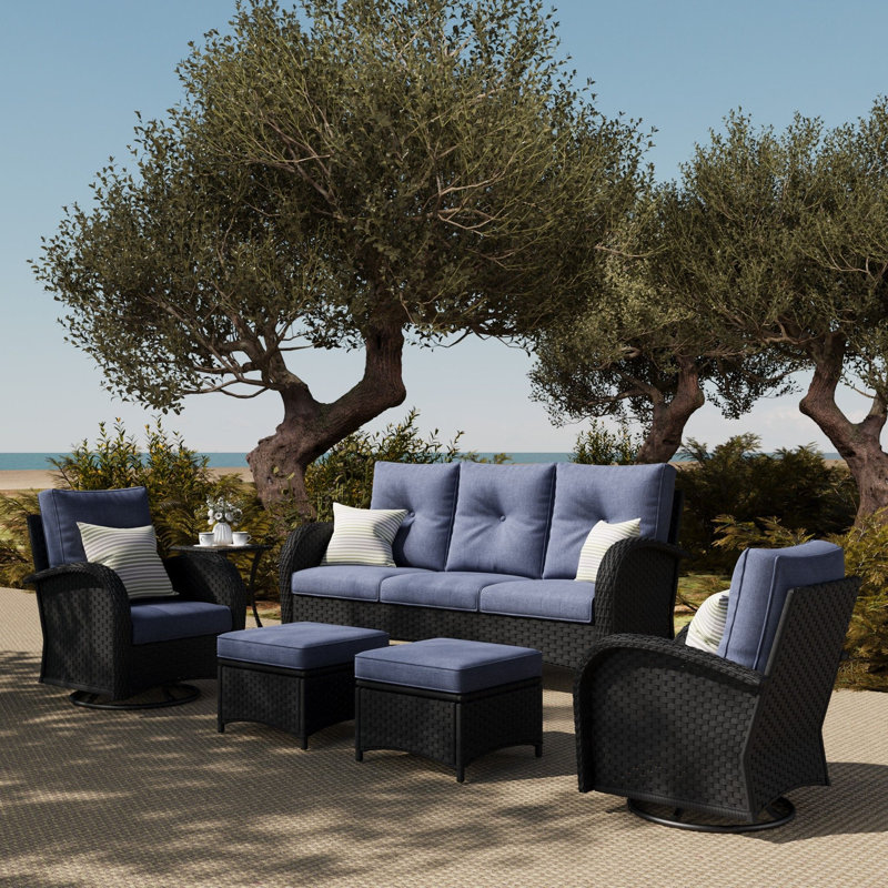 7 - Person Patio Conversation Set with Cushions, Navy Blue, Black