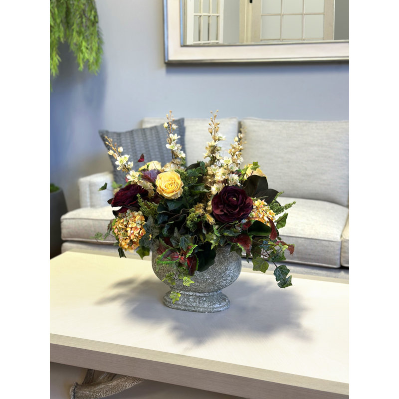 Delphinium, Roses And Hydrangea Arrangement In Gray Stone Planter