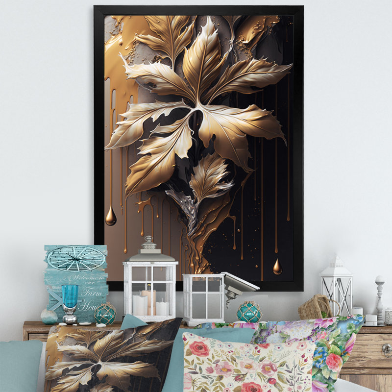 «Gold Abstract Leaves I», reproduction sur toile, H 20 po x l 12 po x P 1 po, Toile encadrée noire à coins fermés