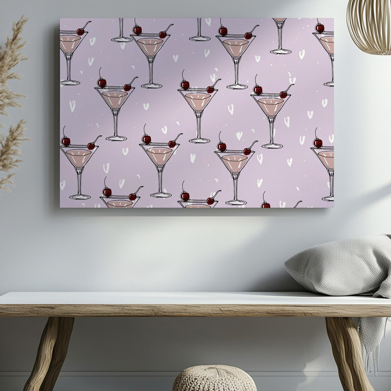 Toile un motif fantaisiste avec un motif répété de verres à martini élégants, chacun rempli d'un liquide rose pâle et d'une toile