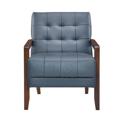 Modern Style Blue Leather Accent Chair With Pad, Walnut Detail, Finish Wood Frame