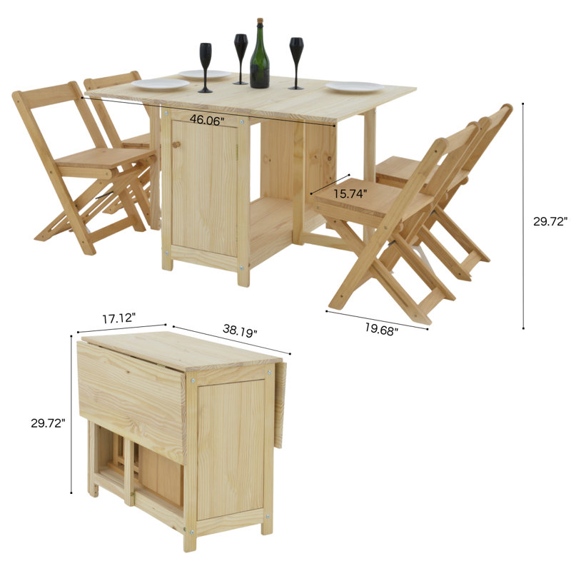 46" Solid Wood Foldable Dining Table Set with 4 Chairs and Clever Storage – Enhance Style and Space Efficiency