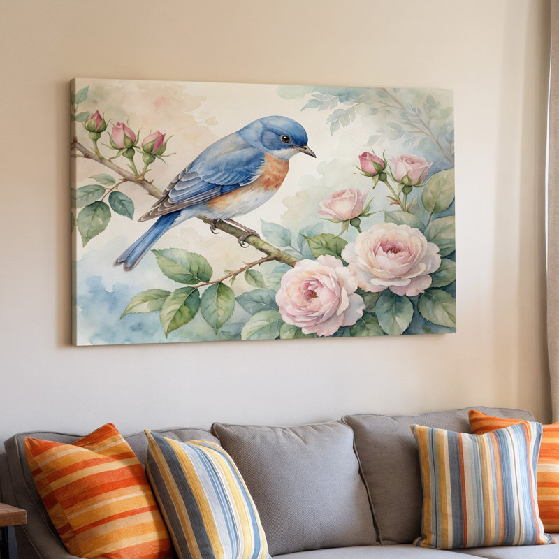 Reproduction d'art sur toile Bluebird and Pink Roses, 11 x 14 in