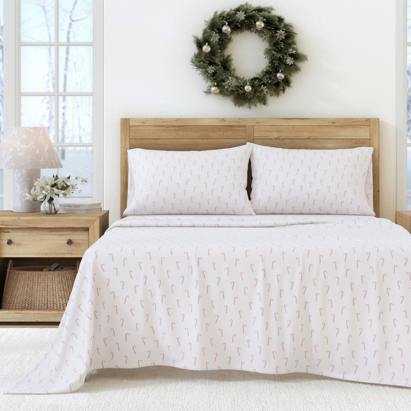 100% Turkish Cotton Flannel Christmas Sheet Sets, Candy Canes, King with 2 Pillowcases