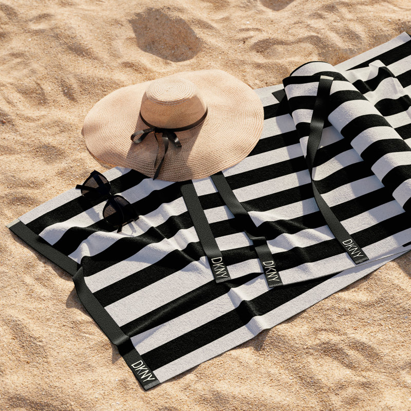DKNY Cabana Stripe 4-Piece Beach Towel And Tote Bag Set, Black