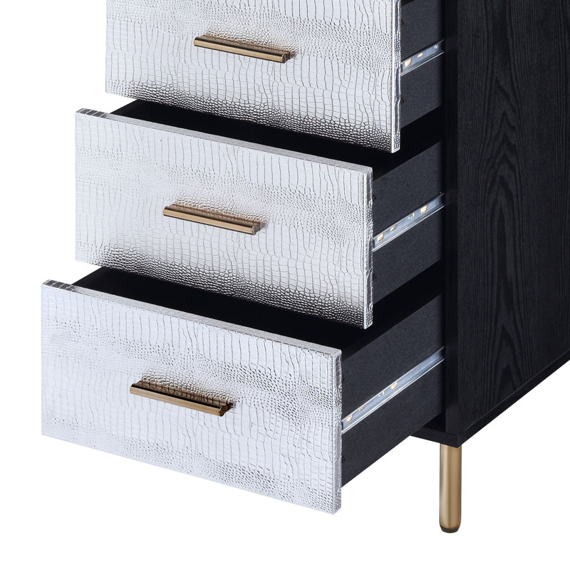 Myles Contemporary Rectangular 4-Drawer Jewelry Armoire with Metal Legs, Black/Silver/Gold