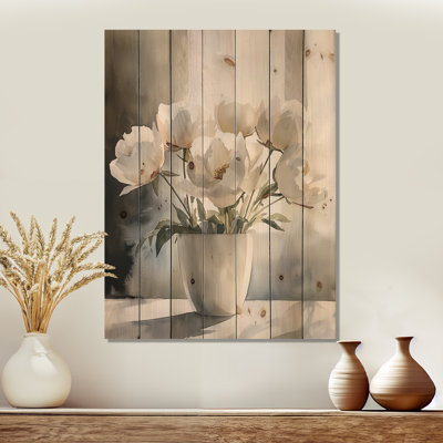 Peonies And Geometric Shadows I - Peonies Wood Wall Decor - On Natural Pine Wood
