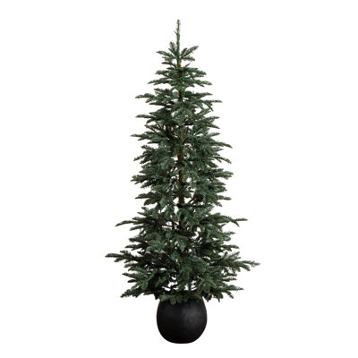 6Ft. Pre-Lit Artificial Pine Christmas Tree In Round Black Decorative Planter With 60 Warm White LED Lights