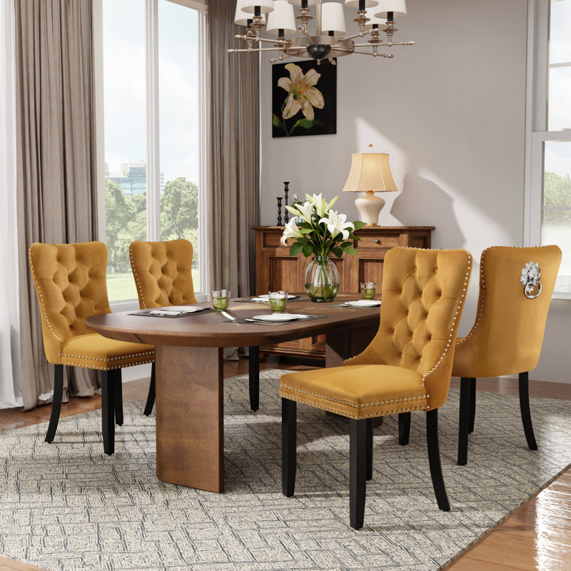 Modern Velvet Tufted Solid Wood Kitchen Chairs Upholstered Dining Chairs Set of 4, Yellow, Black