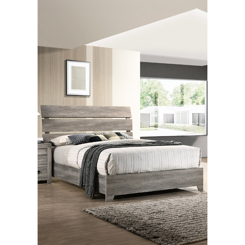 Grand lit moderne avec finition gris rustique et tête de lit légèrement incurvée, centre de chambre à coucher, matériau principal en bois, style transitionnel, aucun sommier requis, cadre contemporain facile à assembler