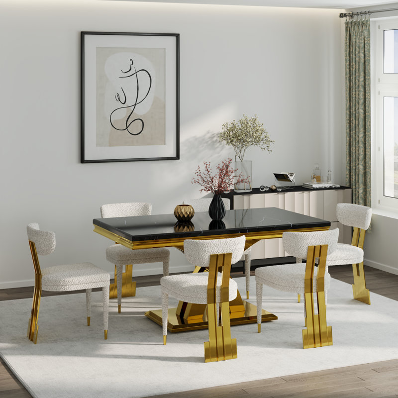 Ensemble de 7 magnifiques tables de salle à manger en faux marbre et or avec 6 chaises blanches Boucle, Noir, Doré, Doré
