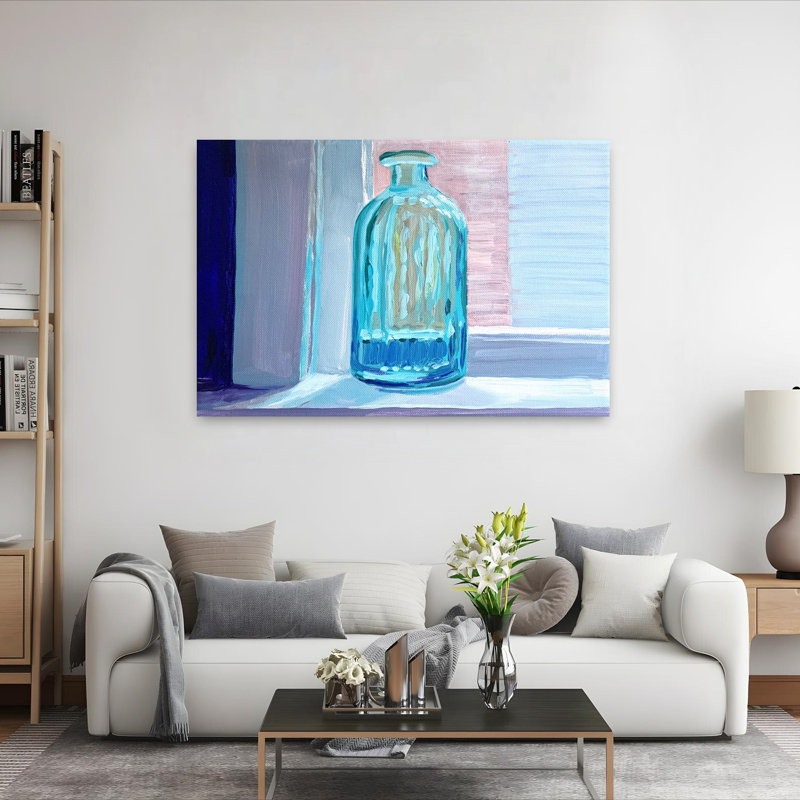 «Turquoise Bottle In Colorful Abstract Fish Coastal Landscape», art mural, H 40 po x l 60 po