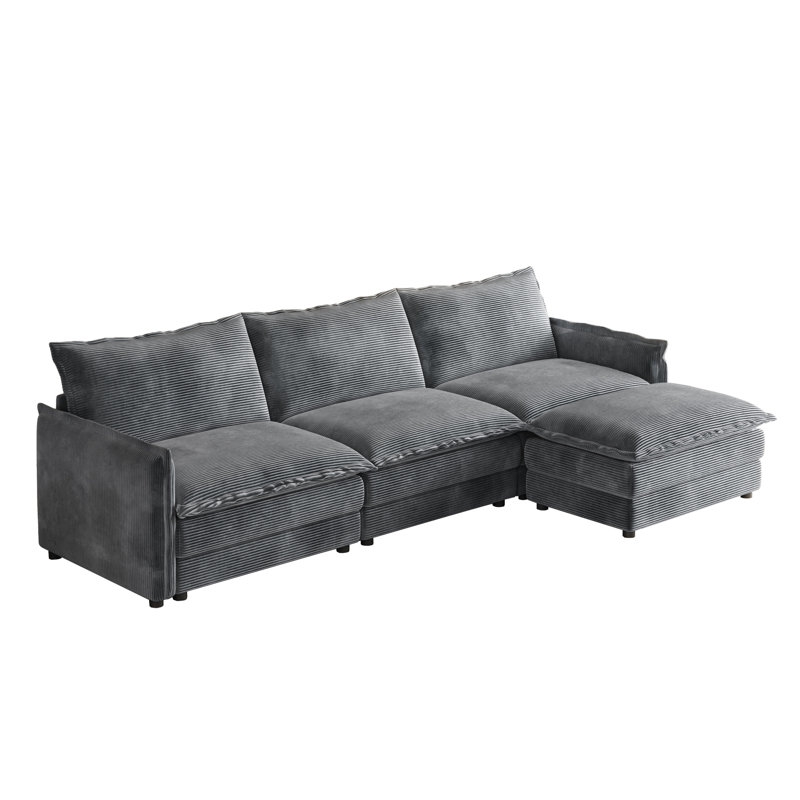 109" Sofa With Ottomans, Gray Corduroy
