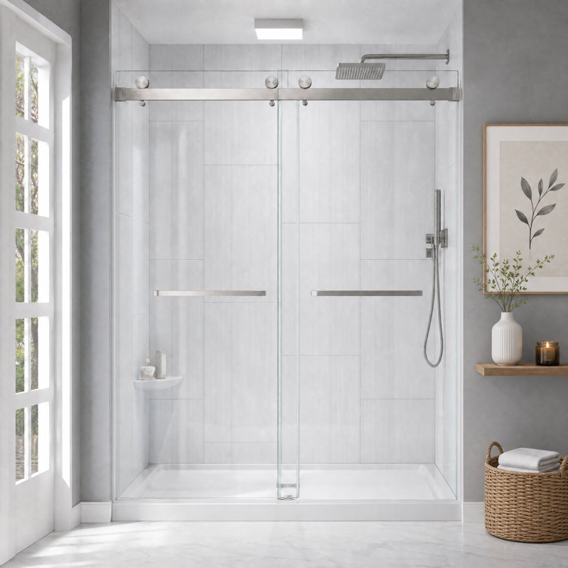Porte de douche coulissante double sans cadre de 142 à 152 cm (L) x 198 cm (H), en verre trempé transparent de 10 mm, accessoires en acier inoxydable nickel brossé
