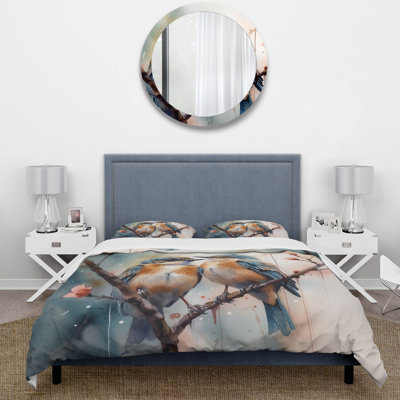Blue Birds Sitting On Tree Branch III - Ensemble de housse de couette animaux - Microfibre de polyester