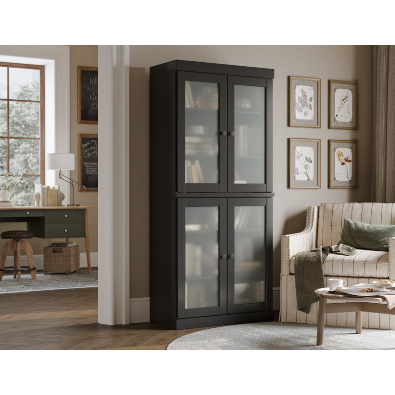Uriyah 100% Solid Wood 6-Shelf Bookcase with Frosted Glass Doors and Adjustable Shelves, Black