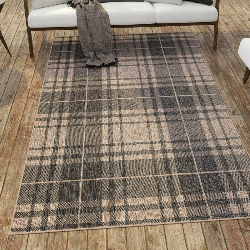 Tatasha Plaid Power Loom Polypropylene Plastic Indoor/Outdoor Area Rug in Black/Brown, Rectangle 7'10" x 11'