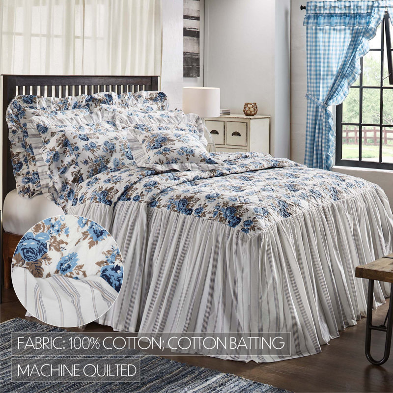 Annie Blue Floral Cotton Queen Quilt with Ruffled Edges