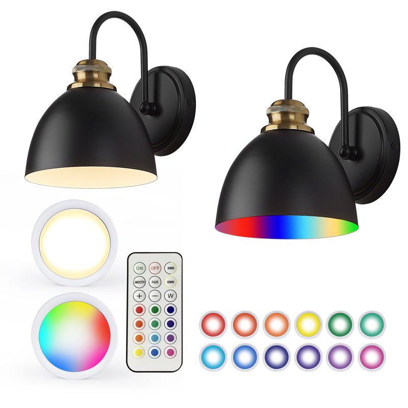 Applique murale rechargeable à DEL RVB avec abat-jour en métal noir, lumière amovible, télécommande et minuterie