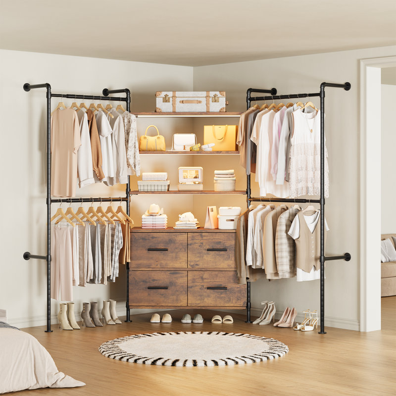 Portemanteau mural 77,6 "à 107,1" avec 4 tiges extensibles, 4 tiroirs et 6 tablettes en bois, Brun rustique