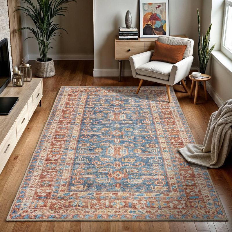 GLN Rugs Traditional Collection - Machine Washable Area Rug, Traditional Washable Rug, Non Slip Washable Rug, Low Pile Chenille Living Room Rug, Bedroom Rug, Kitchen Rug (Terra and Blue Rug)