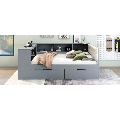 Wood Full Size Platform Bed With Storage Shelves, Drawers, Charging Station