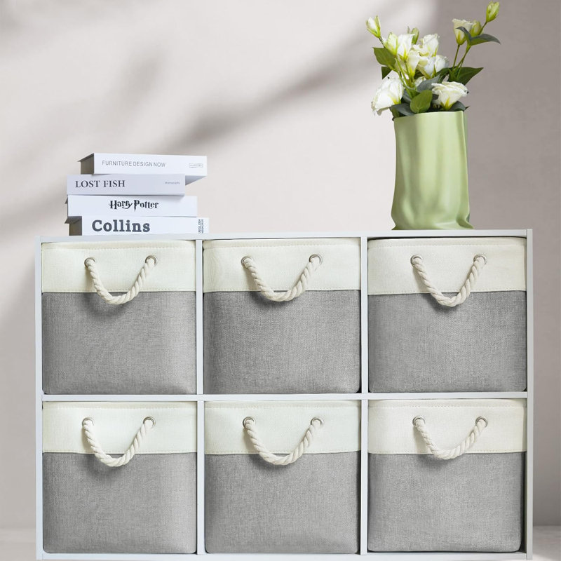 Ensemble de 6 bacs de rangement cubiques en tissu gris avec poignées en corde