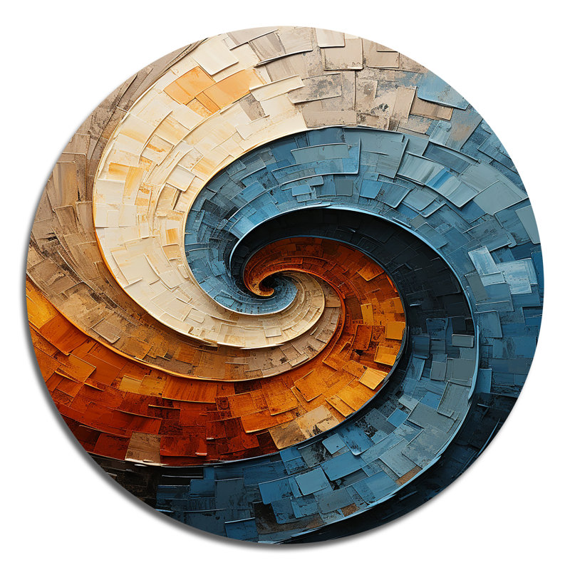 «Blue and Orange Collage Spiral», impression ronde abstraite sur métal, reproduction d'art murale ronde (sans texture)