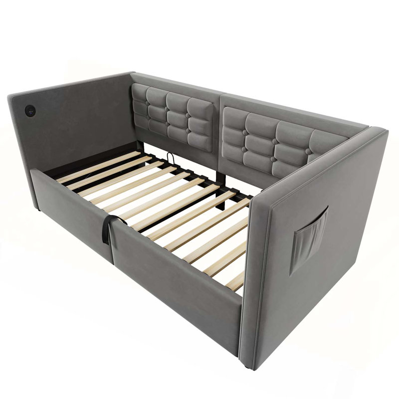 Upholstered Twin Size Daybed with Hydraulic Storage, USB & Type-C Charging, and Tufted Sofa Back in Gray Velvet, Gray