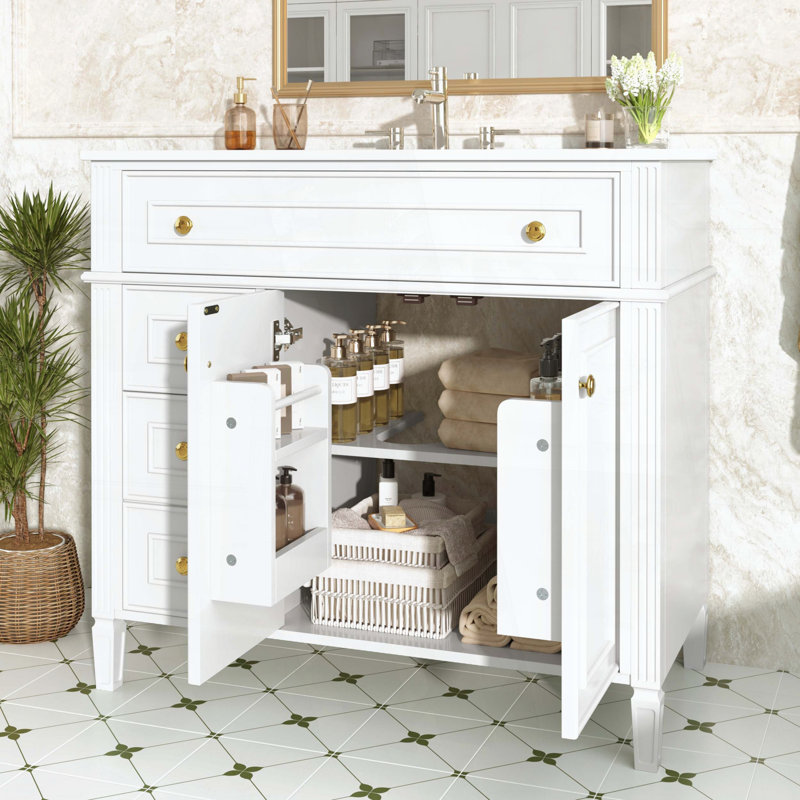 Meuble-lavabo de salle de bain de 36 pouces avec lavabo, White + Right 2 Doors w/ Side Storage, 36"W