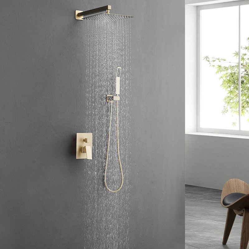 Brushed Gold Classic Bathroom Shower , 10 Inch Wall Mounted Rainfall With Pull - Out , Handle, Ceramic Filler, Cartridge Valve Modern System, Handheld Shower, Geometric Faucet, 3 Hole Faucets, Handle