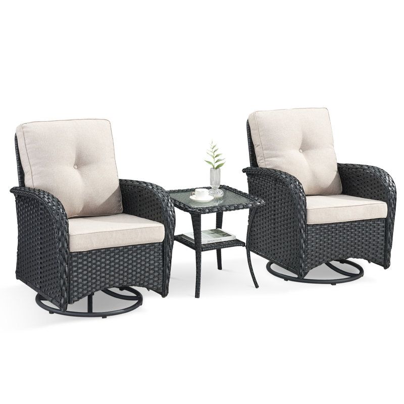 Ensemble de conversation avec chaise berçante pivotante en osier pour 2 personnes Aristil, Beige, Noir