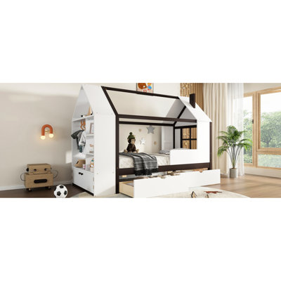 Lit simple en bois massif avec tiroirs et tablettes de rangement, blanc et ludique, fonctionnel et attrayant