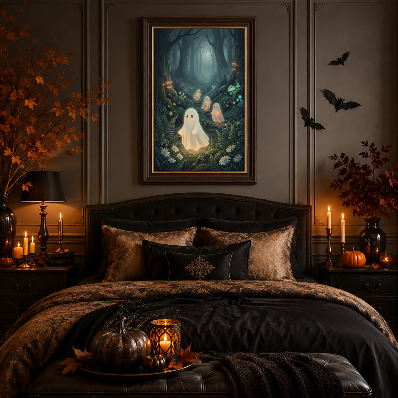 Fantômes lumineux dans une forêt au clair de lune avec des champignons - Toile murale d'Halloween, H 24 po x l 16 po