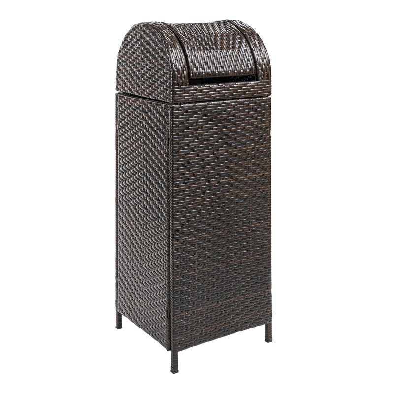 Darla All-Weather Wicker/Metal Swing Top Hideaway Outdoor Trash Can, 31.39 Gal, Brown