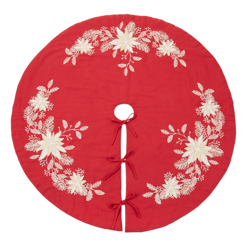 Red Embroidered Holly Christmas Tree Skirt, 72 inches