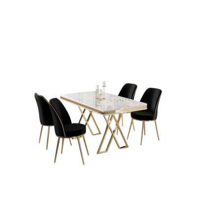 Ensemble de table et chaises de salle à manger moderne 5 pièces, blanc et or avec accents noirs | Plateau laqué (51,2 po x 29,1 po x 31,5 po) | Pieds en métal, tissu d'ameublement BabyFace, mousse confortable à 22 couches pour le dossier et mousse à 28 couches pour le siège, design glamour et original