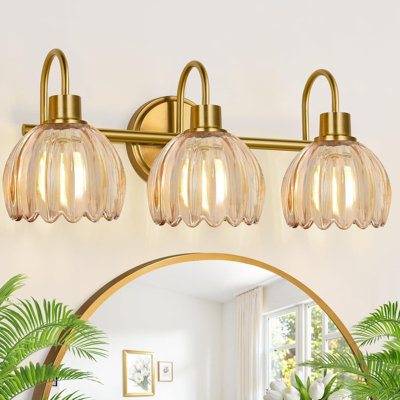 Vintage Vanity Light Fixture With Ribbed Amber Tulip Glass Shades, Brushed Gold 3-Light Wall Sconce For Bathroom Mirror, Bedroom And Living Room