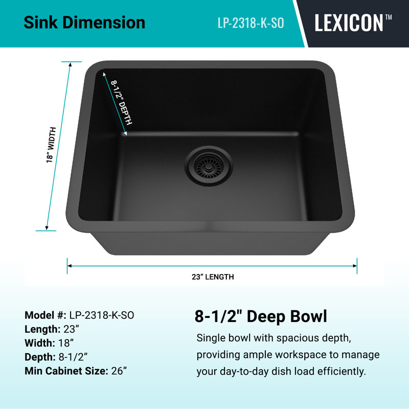 Lexicon Platinum 23" x 18" Single Bowl Quartz Kitchen Sink, Drop-In or Undermount, Granite Composite, Black