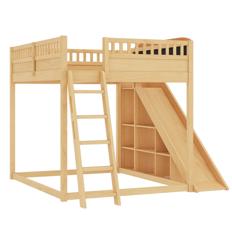 Grand lit mezzanine en bois massif avec tête de lit tapissier, tablettes de rangement et glissade, Grand lit, Naturel