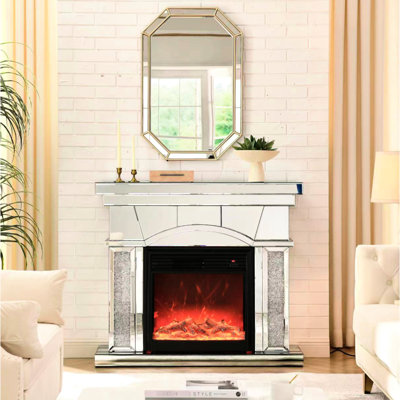Acrylic Mirror Electric Fireplace, 3D Flame Effect, Remote Control, Energy Efficient, Feature, Black Portable For Bedroom Door 1500 Sq Ft Heating, Remote, Protected, Cabinet Home Use